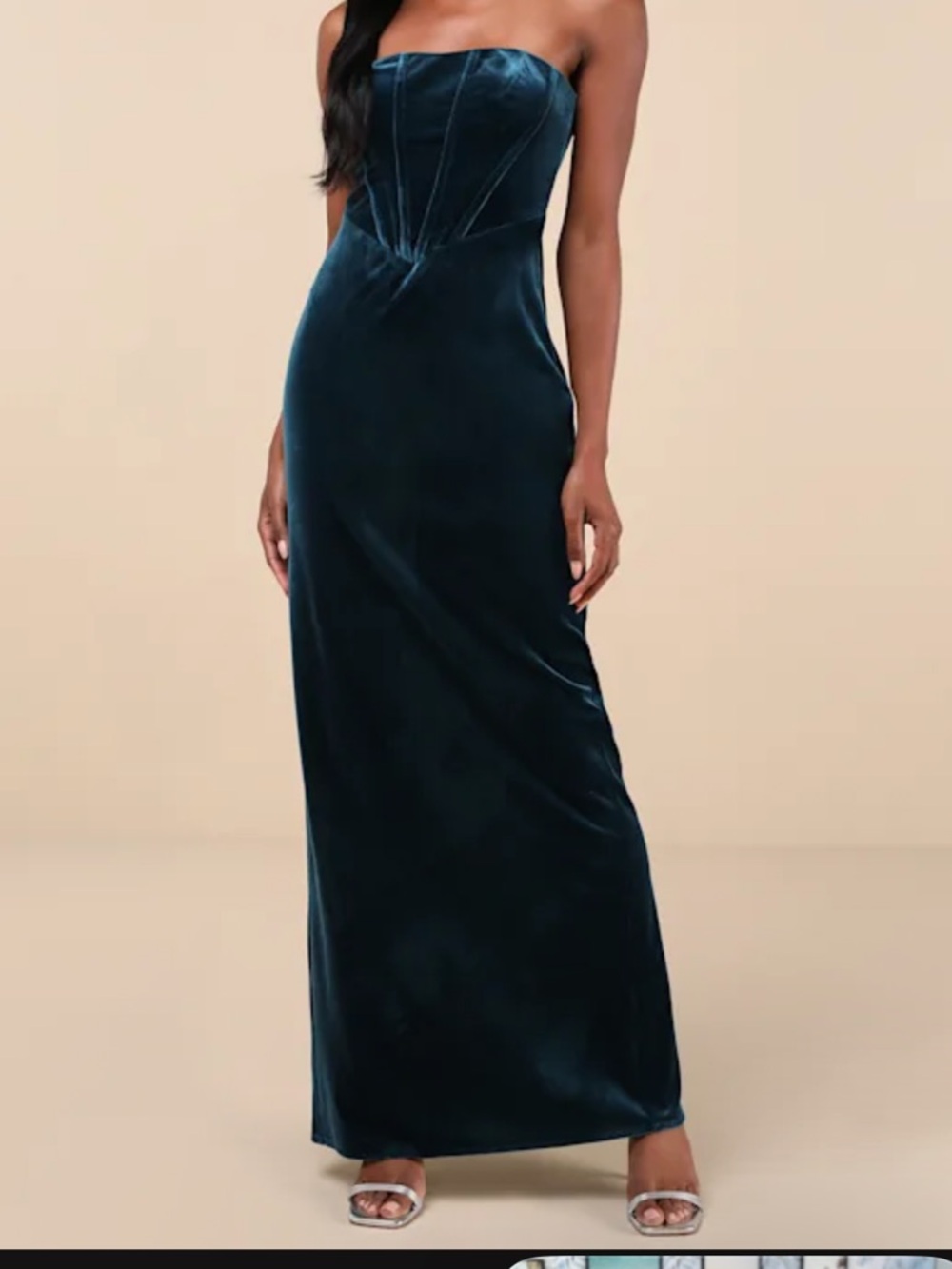 Lulus Deep Teal Velvet Strapless Maxi Dress Bustier Formal Column Slit XS/S